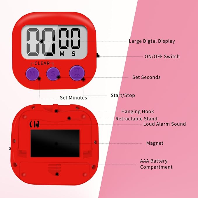 6 Pack Small Digital Kitchen Timer Magnetic Back and ON/Off Switch,Minute Second Count Up Countdown (Red) - Image 3