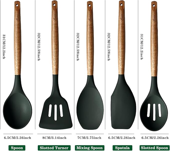 Non-Stick Silicone Cooking Utensils Set with Natural Acacia Hard Wood Handle, 5 Piece, High Heat Resistant (Green) - Image 4