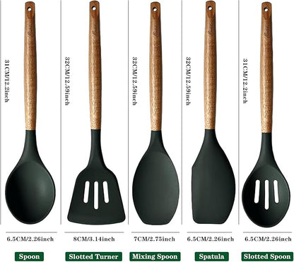 Non-Stick Silicone Cooking Utensils Set with Natural Acacia Hard Wood Handle, 5 Piece, High Heat Resistant (Green) - Image 4