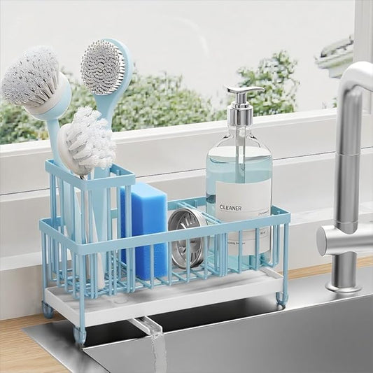 Cisily Sponge Holder for Kitchen Sink, Sink Caddy Organizer with High Brush Holder, Kitchen Countertop Organizers and Storage Essentials, Rustproof 304 Stainless Steel (Blue, 9.25″) by CISILYHOMELIFE