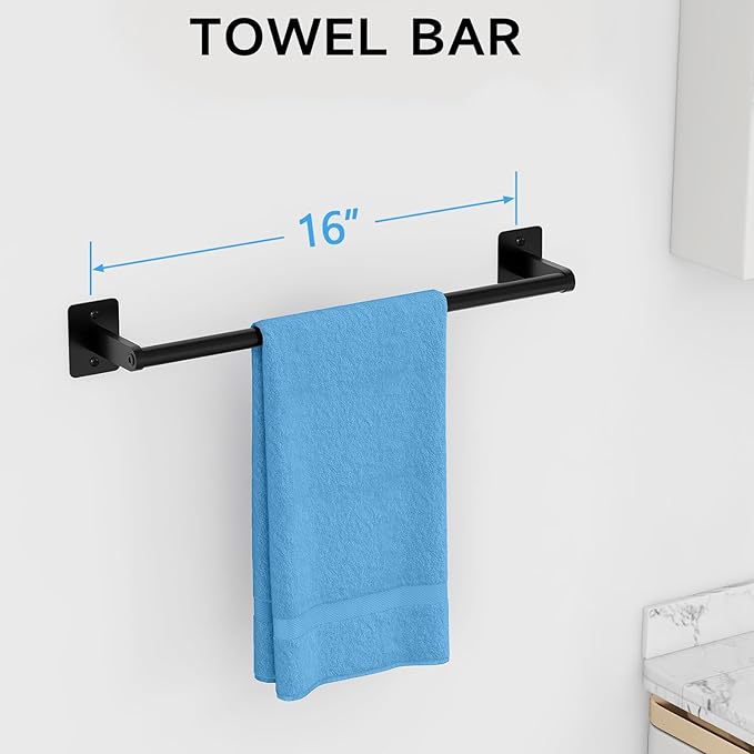 KLJKPA Matte Black Bathroom Accessories Set, 4 Pieces Bathroom Hardware Set, 16 inch Towel Bar, Towel Racks for Bathroom, Robe Towel Hooks, Toilet Paper Holder Wall Mounted - Image 2