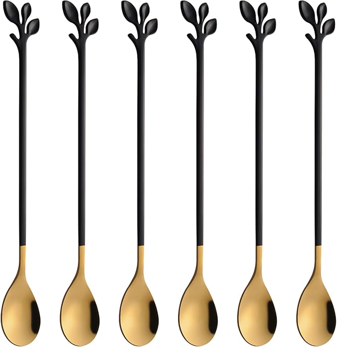 AnSaw 6-Piece Elegant Black & Gold Leaf Long Handle Teaspoons - 7.4" Stainless Steel Stir Spoons for Coffee & Tea, Perfect for Mixing & Stirring by AnSaw