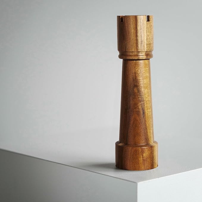 Wooden Salt and Pepper Grinder Set Chess Piece Design – Refillable Manual Spice Mills with Adjustable Coarseness, Ceramic Core Acacia Wood 8 Inches