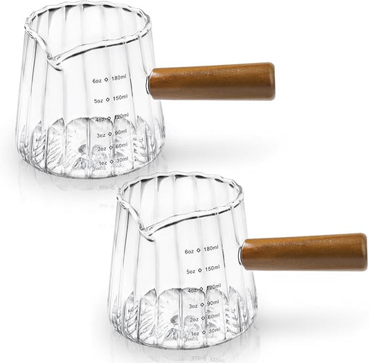 2 Pack Espresso Measuring Cup, 6oz Borosilicate Glass Espresso Cups with Wood Handle, V-Shaped Spout Milk Frothing Cup for Coffee, Tea, Syrup – Dishwasher Safe