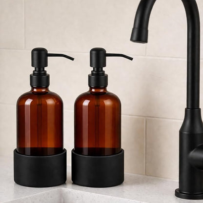 16 oz Hand and Dish Soap Dispenser Set for Kitchen and Bathroom, 500ml Amber Glass Soap Dispenser with Stainless Steel Pump, Non-Slip Silicone Sleeves, Labels - 2 Pack
