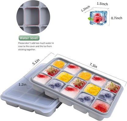 Ice Cube Trays Set of 2, Easy Release 15 Flexible Silicone Ice Cube Molds with Removable Lid Reusable Freezer Ice Trays Stackable for Whiskey, Baby Food, BPA Free (SNOW GRAY) - Image 2