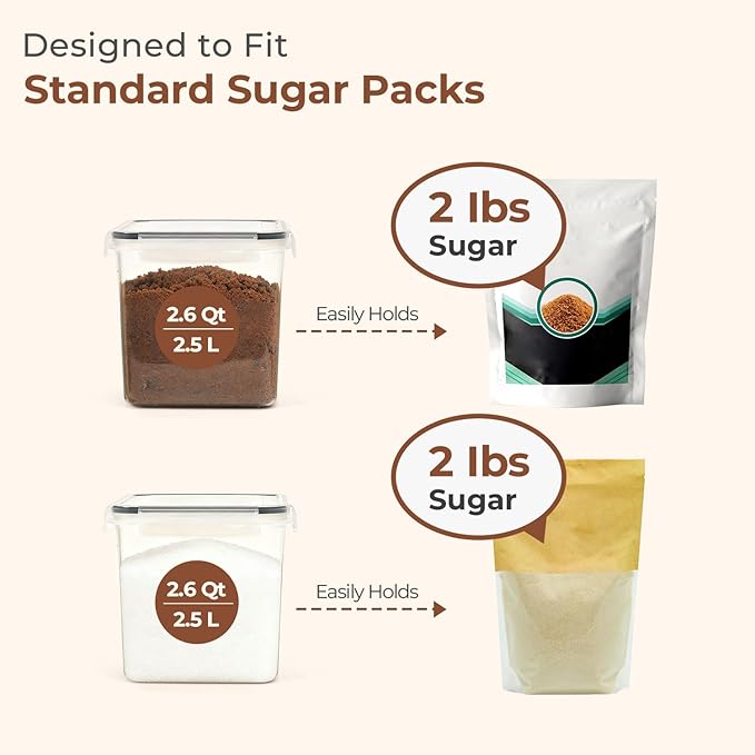 ComSaf Brown Sugar Container Set of 2 (2.5L/2.6Qt), Airtight Food Storage Containers with Lids and Terra Cotta Brown Sugar Saver, Plastic Canisters Sets for Kitchen, Pantry Organizer for Flour, Baking - Image 3