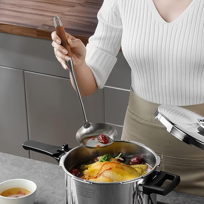 AOOSY Soup Ladle,304 Stainless Steel Cooking Ladle Spoon with Wooden Handle, 13.8 Inches Soup Spoon Long Kitchen Utensil Wok Tool for Cooking, Gravy, Sauces