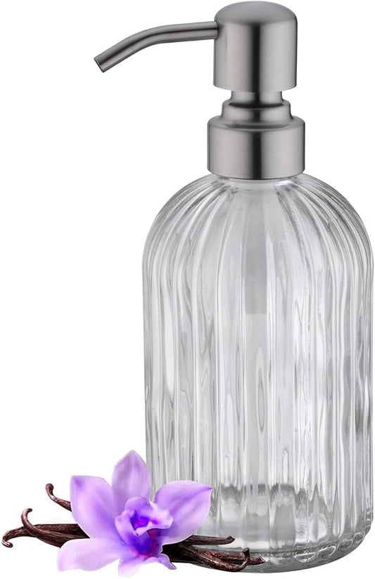 Glass Soap Dispensers for Kitchen and Bathroom, 16oz Heavey Glass Bottle, Stainless Steel Brushed Nickel Pump,Clear Farmhouse Bathroom Soap Dispenser