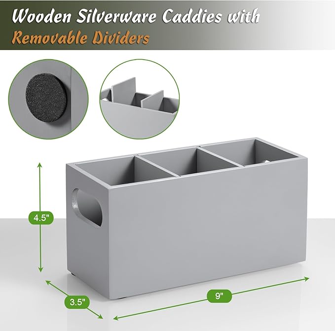 DRASTAR Wooden Silverware Caddy, Flatware Cutlery Holder, Kitchen Utensil Holder for Countertop, Silverware Organizer Containers for Party, Gray - Image 3
