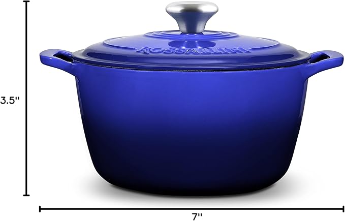 ROSSALLINI Signature Enameled Cast Iron Dutch Oven, Non-Stick Serving Pot with Tight Fitting Lid for Perfect Roasting, Baking, Sauteing, and Bread Making | 2Q (1.9L) - Indigo Blue