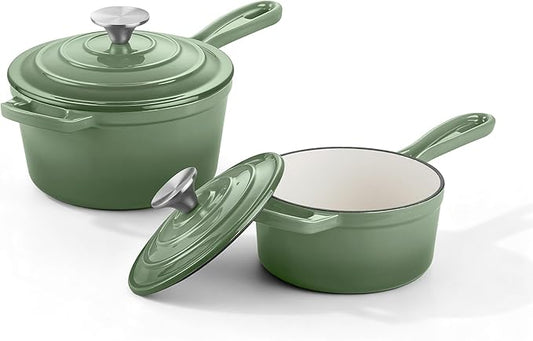 Homikit 1 QT & 2 QT Saucepan Set, Enameled Cast Iron Saucepan with Lid for All Cooktops, Small Pot Mini Dutch Oven for Kitchen Cooking, Boiling, Nonstick & Heavy Duty, Sage Green