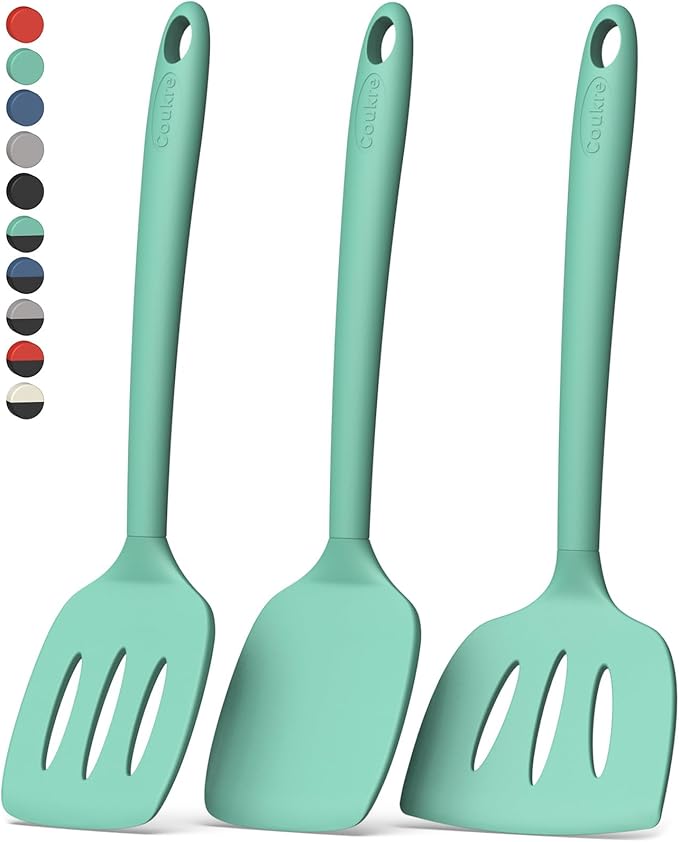 Coukre 3 Pack Silicone Spatula Set, High Heat Resistant, BPA-Free, Fish Spatula, Solid & Slotted Turner for Non-Stick Pans, Flipping Eggs, Pancakes, Fish, Burgers (3, PureAquaGreen) by Coukre