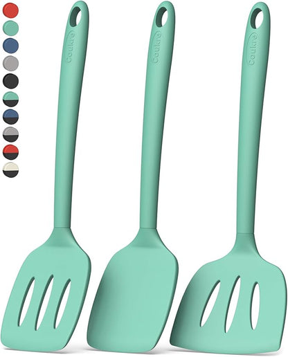 Coukre 3 Pack Silicone Spatula Set, High Heat Resistant, BPA-Free, Fish Spatula, Solid & Slotted Turner for Non-Stick Pans, Flipping Eggs, Pancakes, Fish, Burgers (3, PureAquaGreen) by Coukre