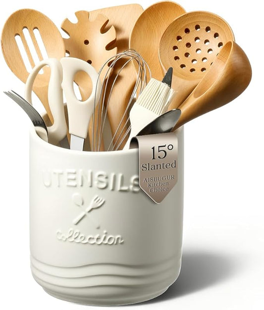 AISBUGUR Large Ceramic Utensil Holder: 7.5" H×6.3" W with Slanted Mouth - Utensil Crock with Non-Slip Cork Base for Kitchen Counter, Ideal for Decor & Gift,white utensil holder by AISBUGUR