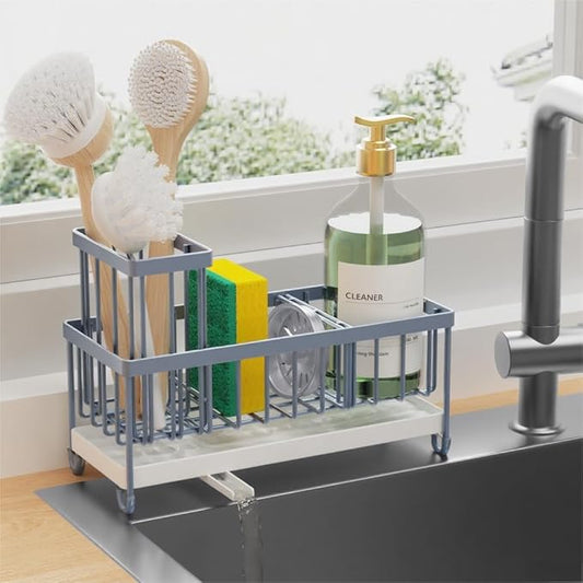Cisily Sponge Holder for Kitchen Sink, Sink Caddy Organizer with High Brush Holder, Kitchen Countertop Organizers and Storage Essentials, Rustproof 304 Stainless Steel (Gray Blue, 9.25″) by CISILYHOMELIFE