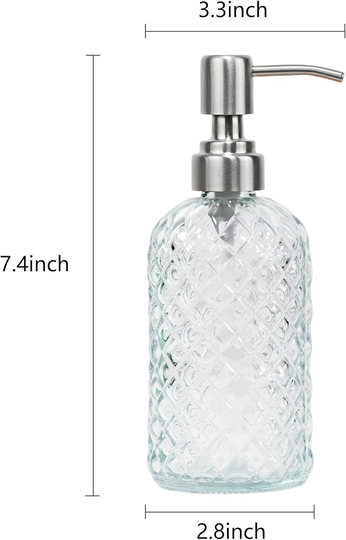 16 oz Diamond Pattern Glass Soap Dispenser, Kitchen and Bathroom Refillable Soap Dispenser with Rust Resistant Stainless Steel Pump for Hand Soap, Lotion Glass Liquid Dispenser(Clear-2pack) - Image 3