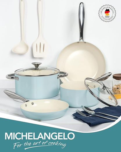 MICHELANGELO Pots and Pans Set Non Stick, 8-Piece Ti-infused Ceramic Cookware Set with Silicone Utensils - Induction Compatible, Oven Safe, PFOA-Free, Blue - Image 8