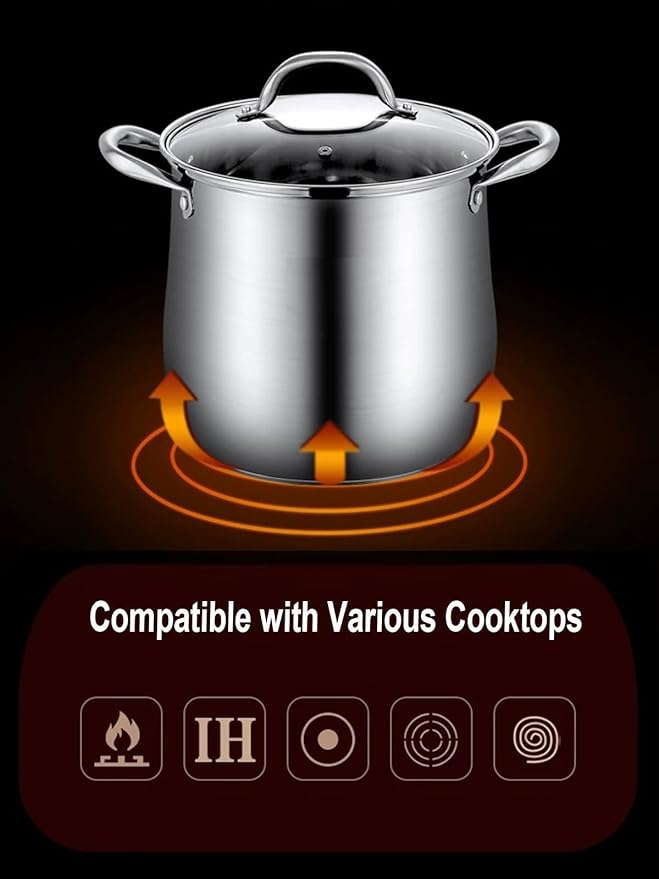 Stainless Steel Stock Pot, 12 Quart Heavy Duty Induction-Compatible with Visible Lid for Soups, Pasta, Stews, Canning, Boiling