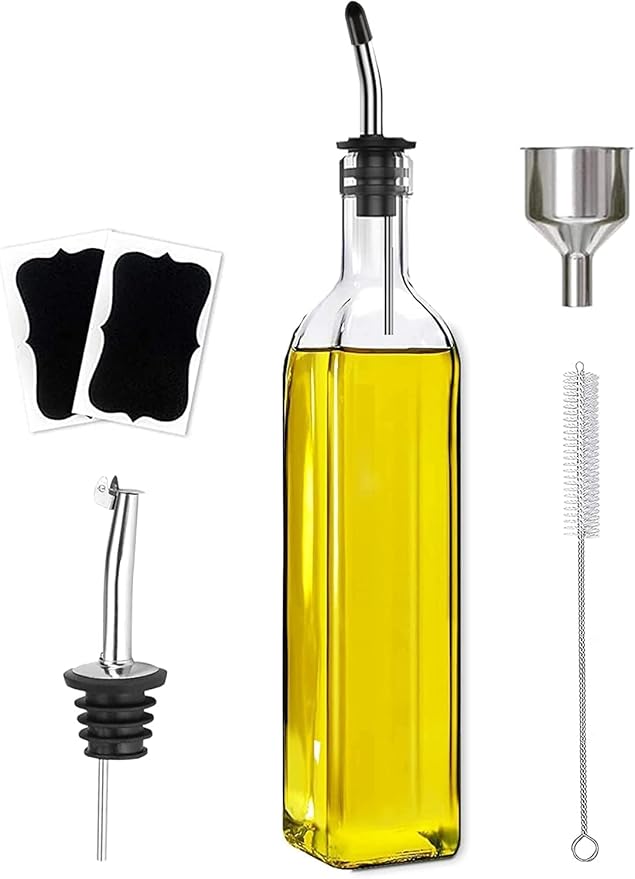 Leaflai Olive Oil Dispenser Bottle, 1 Pcs Glass Olive Oil Dispenser and Vinegar Dispenser Set with 2 Stainless Steel Pourers, 2 Labels,1 Brush and 1 Funnel Oil Bottles for Kitchen (500ml) by Leaflai