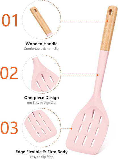 Pack of 2 Silicone Spatula, Non Stick Cooking Utensil Set Wooden Handle Kitchen Turner for Baking Mixing Grilling Serving Food Heat Resistant Non Scratch Hooks Included (Pink) - Image 3