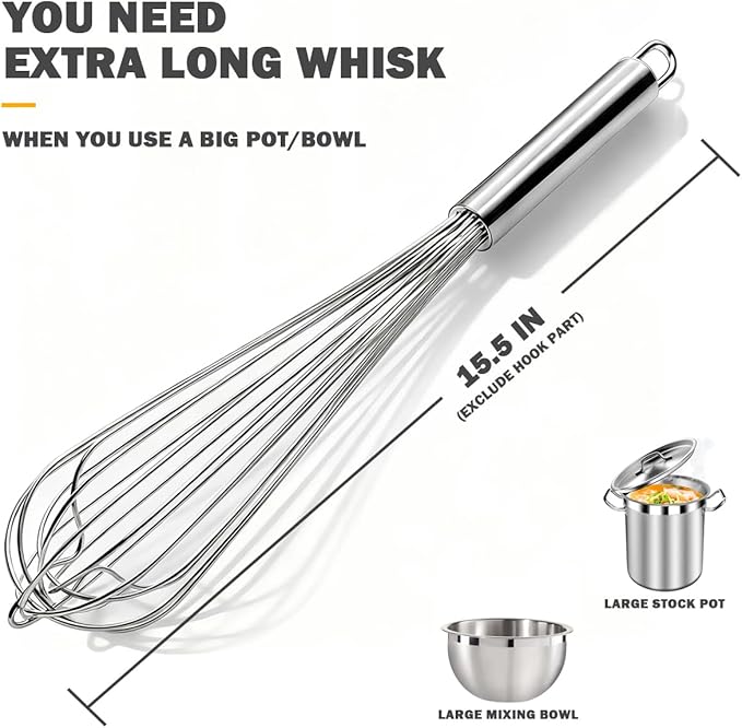 18/10 Stainless Steel Large Whisk, 15.5 inch Heavy Duty Long Whisk Suitable for Deep Pots or Big Bowl, Mixing, Beating, Blending - Image 3