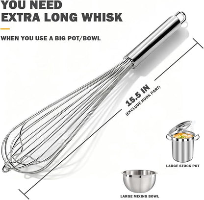 18/10 Stainless Steel Large Whisk, 15.5 inch Heavy Duty Long Whisk Suitable for Deep Pots or Big Bowl, Mixing, Beating, Blending - Image 3