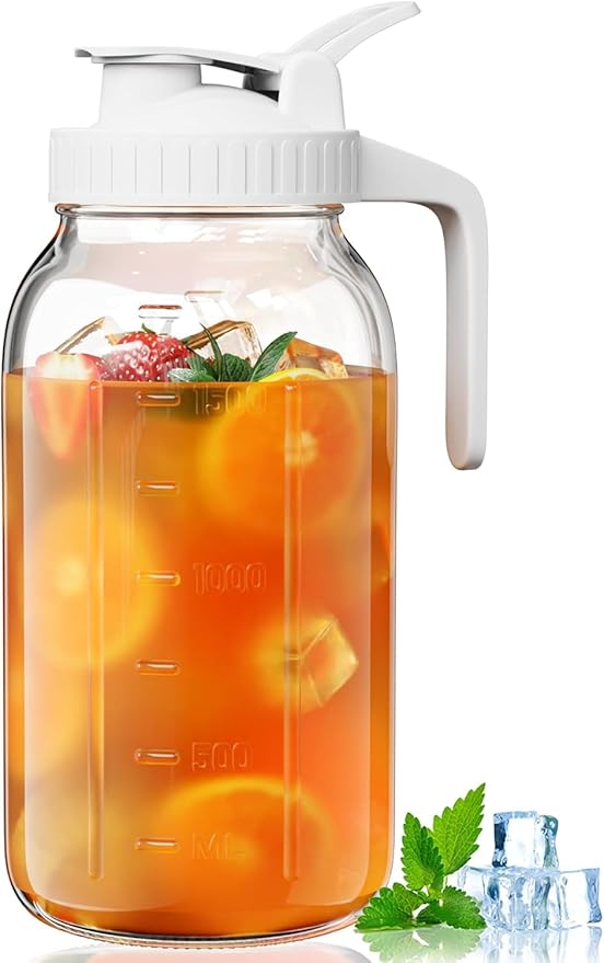 64oz Glass Pitcher, 2 Quart Mason Jar Pitcher with Lid and Spout | Wide Mouth | Airtight | Leakproof | Glass Water Jug for Juice, Sun Iced Tea, Cold Brew Coffee, Milk Storage, White by VA1KENE