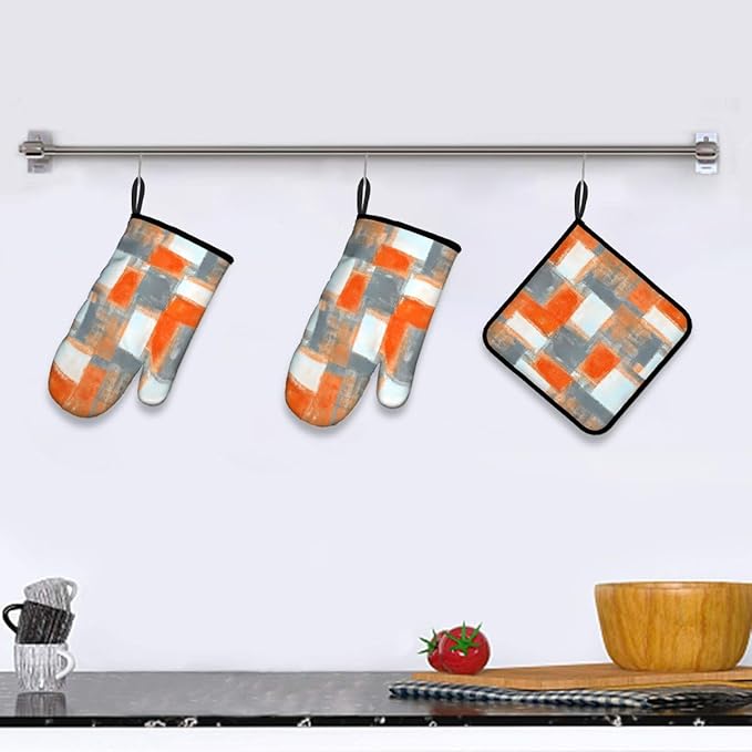 LOKMU Oven Mitts and Pot Holders Set of 3, Orange and Grey White Abstract Art Heat Resistant Kitchen Gloves Hot Pads for Cooking Baking BBQ, Kitchen Decor Gifts for Cooking Lover Cooks