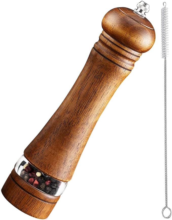Pepper Grinder Salt Grinder Wooden Pepper Mill Grinder w/Adjustable Coarse, 8 inch Tall Wood Refillable Manual Pepper Grinder Mill Peppermill for Black Peppercorn, Easy Clean w/Cleaning Brush by TooWoom