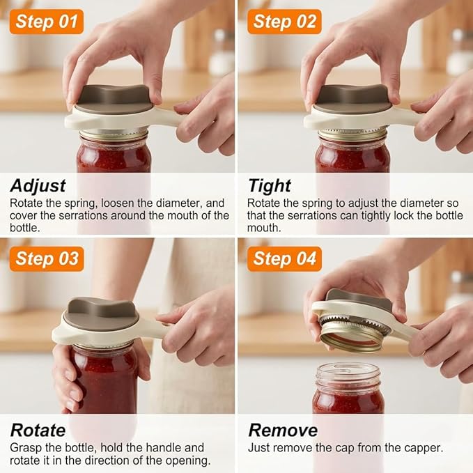 4-in-1 Jar Opener for Seniors -Adjustable Lid Opener with Non-Slip Grip, Stainless Steel Jar Lid Opener for Arthritis Sufferers, Fits Kitchen Jars, Bottles & Cans, Home Kitchen Helper(Brown)