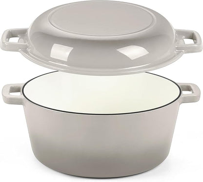 P&P CHEF 5Qt Dutch Oven Pot for Bread Baking (Khaki), 2 In 1 Round Cast Iron Dutch Oven with Lid Set, Skillet & Pot for Roasting Braising Stewing Frying Simmering, Multi Stoves & Oven Safe by PPCHEF