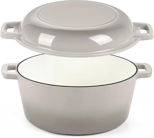 P&P CHEF 5Qt Dutch Oven Pot for Bread Baking (Khaki), 2 In 1 Round Cast Iron Dutch Oven with Lid Set, Skillet & Pot for Roasting Braising Stewing Frying Simmering, Multi Stoves & Oven Safe by PPCHEF