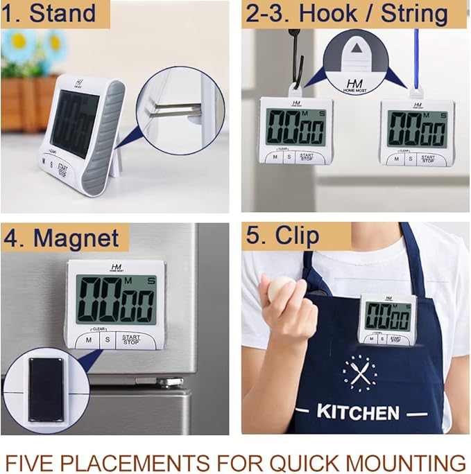 2-Pack Large Display Kitchen Timer - 3" Digital Timer Magnetic Back Loud Alarm - White Cooking Timers for Kitchen Teachers Students Games Meetings - Sports Timer for Workouts Exercise - Image 3