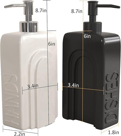 Soap Dispenser Set with Funnel, Non-Slip Silicone Pads, 2 Pack Ceramic Refillable Dish Soap and Hand Soap Dispenser for Kitchen, Bathroom, Matte Black and White - Image 4
