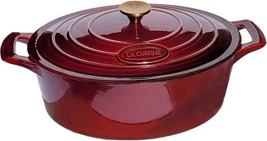 La Cuisine Enameled Cast Iron Oval Dutch Oven Casserole Dish Pot with Lid 5 QT Internal Matt Black Enamel Coating, Cranberry, Gold-Plated Stainless Steel Lid Handle, Oven Safe