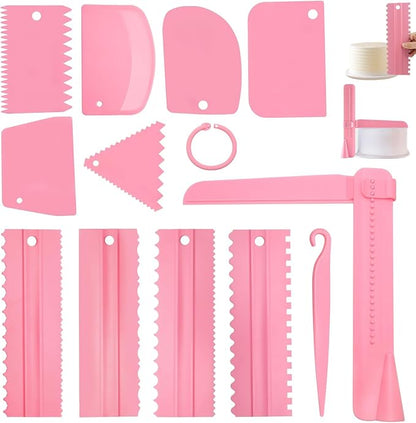 12 Pcs Adjustable Cake Smoother Set, Plastic Cake Decorating Tools Comb and Dough Scrapers for Baking Pastries (Pink) by Unknown