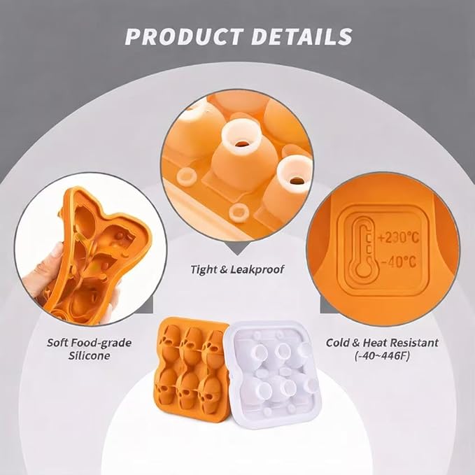 Skull Ice Cube Mold, 6-Cavity Silicone Ice Tray for Whiskey, Cocktails, and Beverages, Food-Grade Flexible Ice Maker for Halloween & Party Drinks, Easy Release & Dishwasher Safe (Orange)