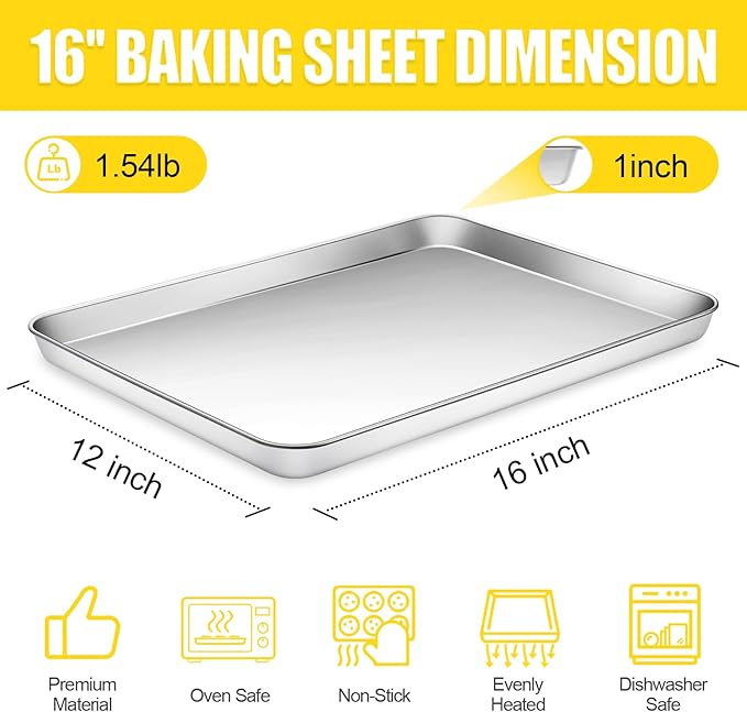 Terlulu Baking Sheet, Cookie Sheet, Stainless Steel Baking Pan, 2 Piece-16''x 12'' x 1'', Sheet Pan for Oven, Jelly Roll Pan, Baking Tray for Baking&Roasting, Nonstick&Nontoxic&Easy Clean - Image 2