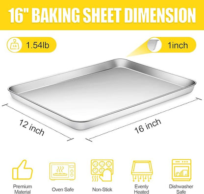 Terlulu Baking Sheet, Cookie Sheet, Stainless Steel Baking Pan, 2 Piece-16''x 12'' x 1'', Sheet Pan for Oven, Jelly Roll Pan, Baking Tray for Baking&Roasting, Nonstick&Nontoxic&Easy Clean - Image 2