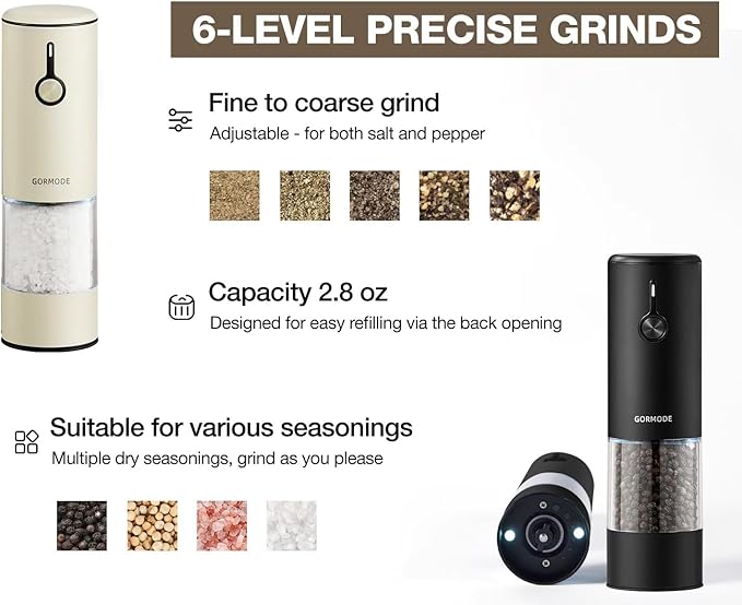 Stainless Steel Rechargeable Electric Salt and Pepper Grinder Set, USB Charging with Dust Cover, 6 Adjustable Grinding Modes + LED Light 2packBlack+Cream - Image 3