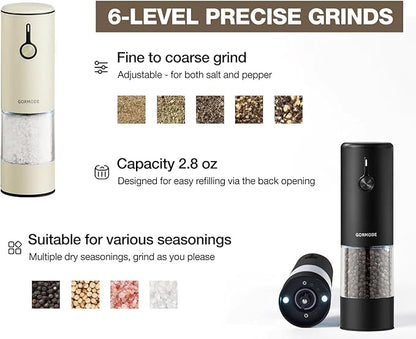 Stainless Steel Rechargeable Electric Salt and Pepper Grinder Set, USB Charging with Dust Cover, 6 Adjustable Grinding Modes + LED Light 2packBlack+Cream - Image 3