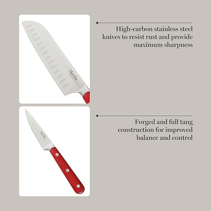 MARTHA STEWART Eastwalk 14 Piece High Carbon Staineless Steel Cutlery Knife Block Set w/ABS Triple Riveted Forged Handle Acacia Wood Block - Red - Image 4