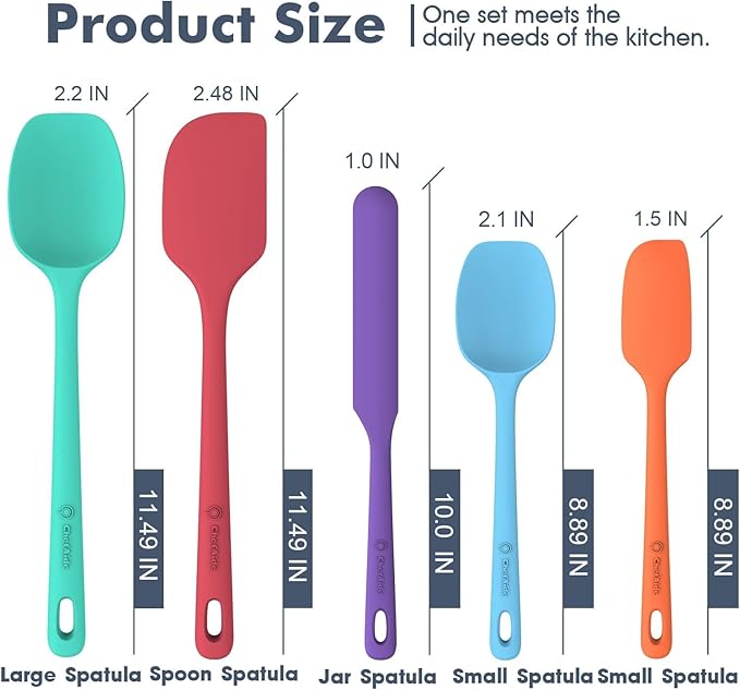 ChefAide 5 Pieces Silicone Spatula Set, Food Grade Rubber Spatula, Upgrade Strong Handle with Ergonomic Grip, Heat Resistant Up to 600°F for Nonstick Cookware, Cooking - Image 2