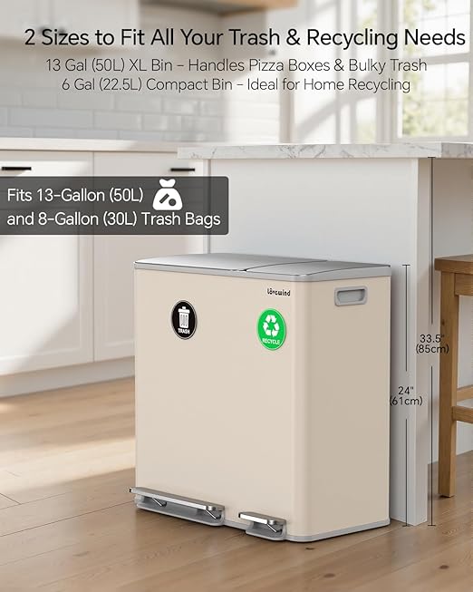 Lovewind Dual Trash and Recycling Bins for Kitchen, 13+6 Gallon Stainless Steel Garbage and Recycle Bin Combo for Large Families, Dual Trash Can with Soft Close Lid & Magnetic Stickers, Apricot - Image 3