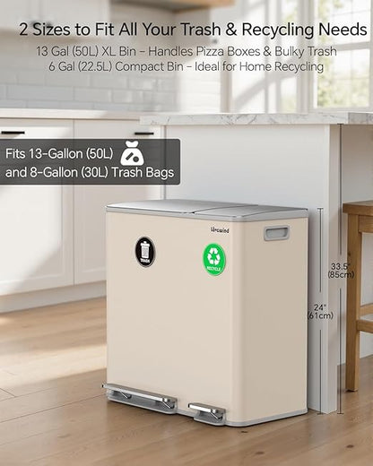 Lovewind Dual Trash and Recycling Bins for Kitchen, 13+6 Gallon Stainless Steel Garbage and Recycle Bin Combo for Large Families, Dual Trash Can with Soft Close Lid & Magnetic Stickers, Apricot - Image 3