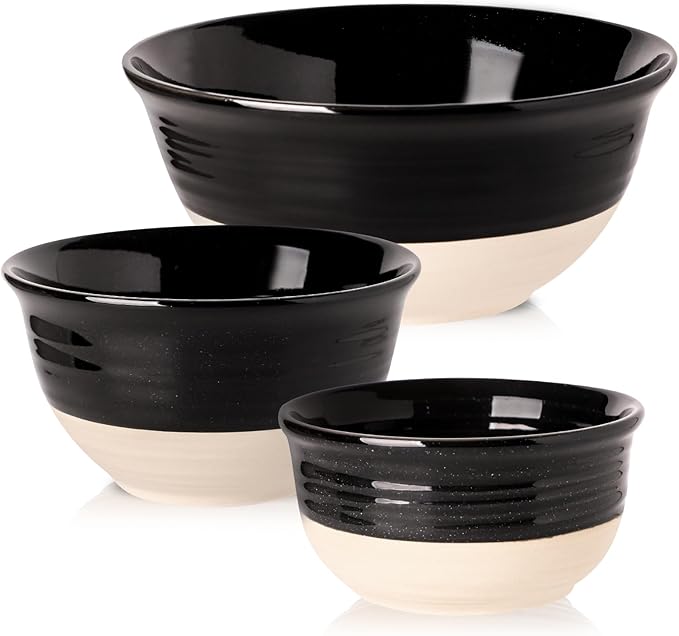 HASENSE Ceramic Mixing Bowls Set of 3, 84/40/20 Oz Black & Beige Stoneware Bowls, Farmhouse Bowls for Salad, Soup, Cooking Baking Serving Food, Nesting BowlsDishwasher & Microwave Safe by Hasense