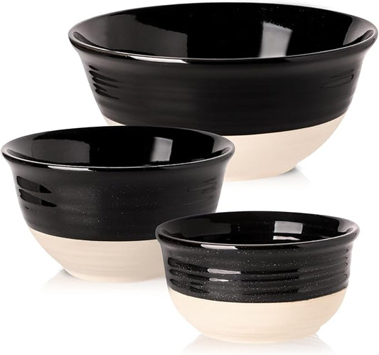 HASENSE Ceramic Mixing Bowls Set of 3, 84/40/20 Oz Black & Beige Stoneware Bowls, Farmhouse Bowls for Salad, Soup, Cooking Baking Serving Food, Nesting BowlsDishwasher & Microwave Safe by Hasense
