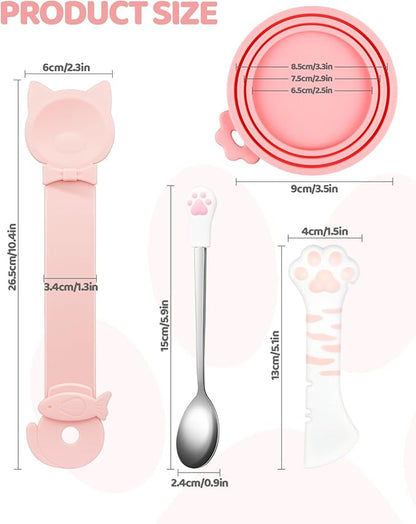 5 PCS Cat Food Can Covers Lids Set, Silicone Pet Food Can Lids with Multi-Function Cat Food Spoon and Opener, Cat Bar Squeezer, Stainless Steel Wet Food Spoon for Cats and Dogs (Pink) (Pink)