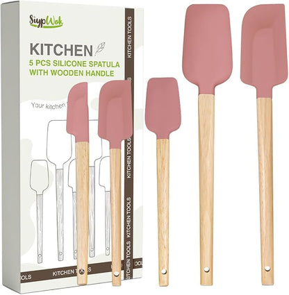 Silicone Spatula Set, Food Grade Rubber Spatula-5 Piece Nonstick Rubber Spatulas, Spoonula, Jar Scraper for Cooking, Baking, Mixing, Frosting - Heat Resistant Up to 600°F (5 Pcs Pink) by HighQualityKitchenAccessory